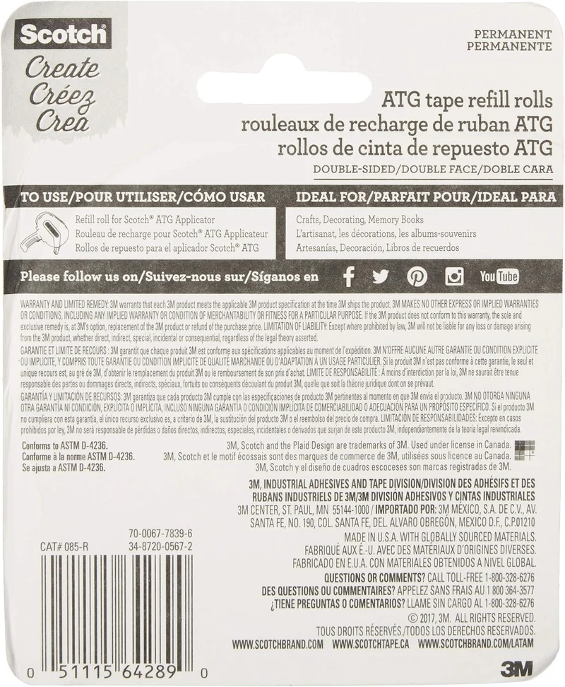 Scotch 085-R ATG Advanced Tape Glider Refill Rolls, 1/4-Inch by 36-Yard, 6 Rolls (3 Pack), 3 PACK