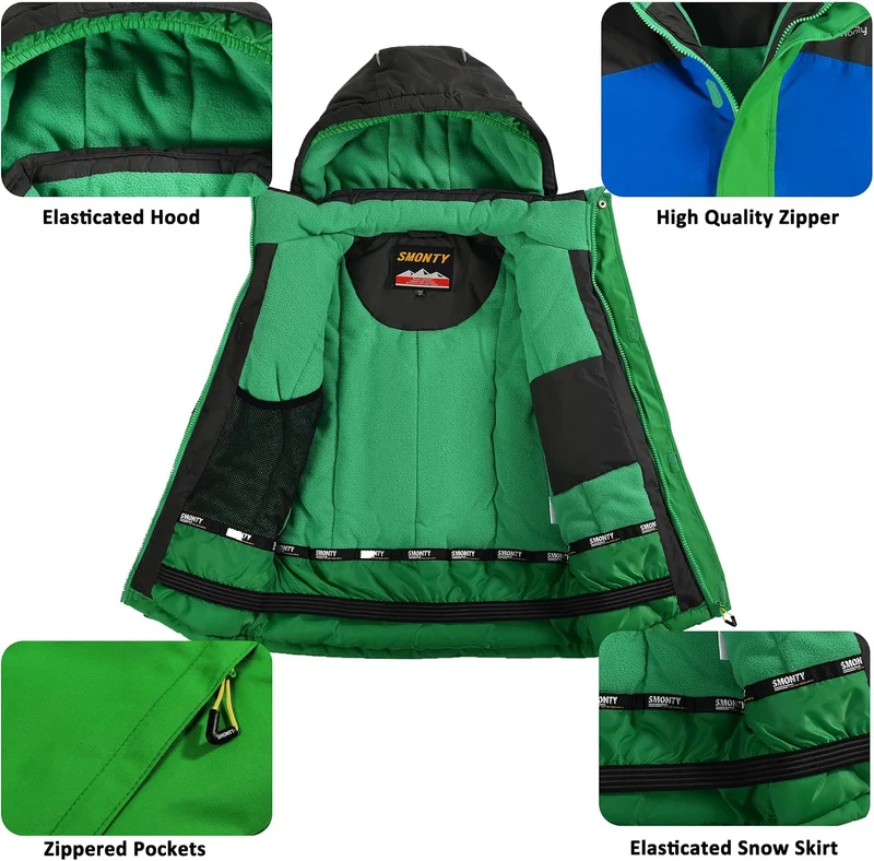 Kinder Schneeanzug für Jungen, Winter-Skijacke & Hose, Set Kapuzenriemen, Winddicht, Wasserdicht, Wa