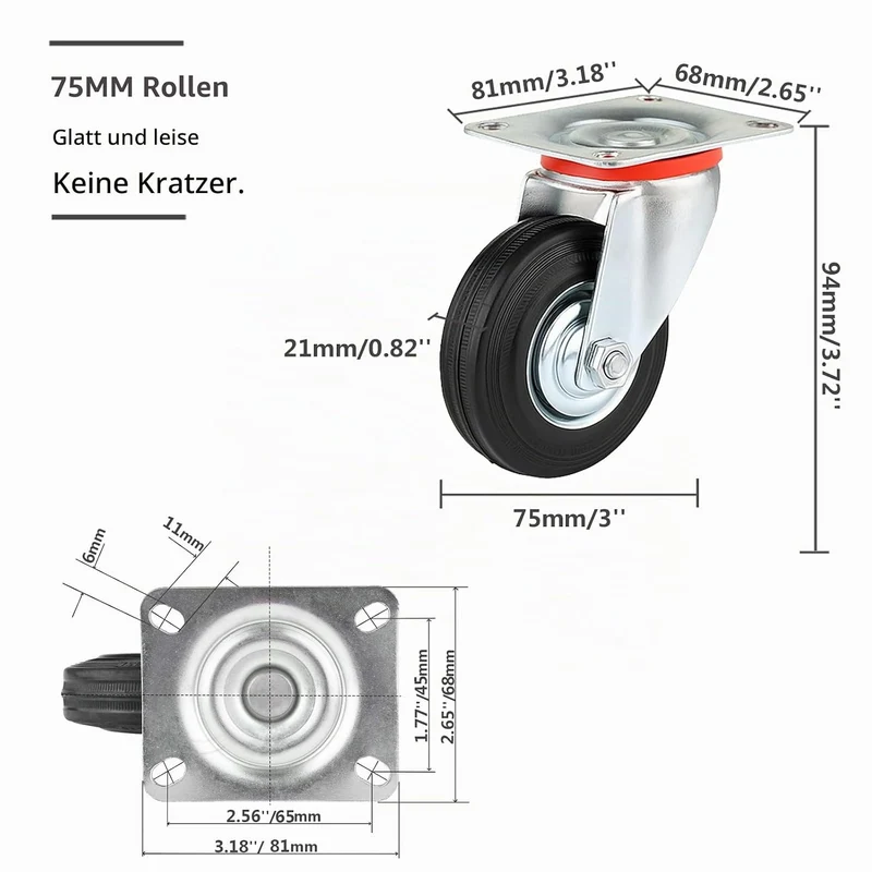 Schwerlastrollen 75mm mit Bremse, 4 Stück Transportrollen Lenkrollen bis 200kg, Gummi Möbelrollen 36