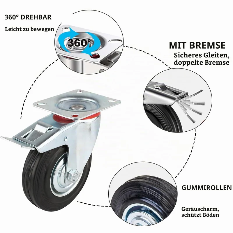 Schwerlastrollen 75mm mit Bremse, 4 Stück Transportrollen Lenkrollen bis 200kg, Gummi Möbelrollen 36