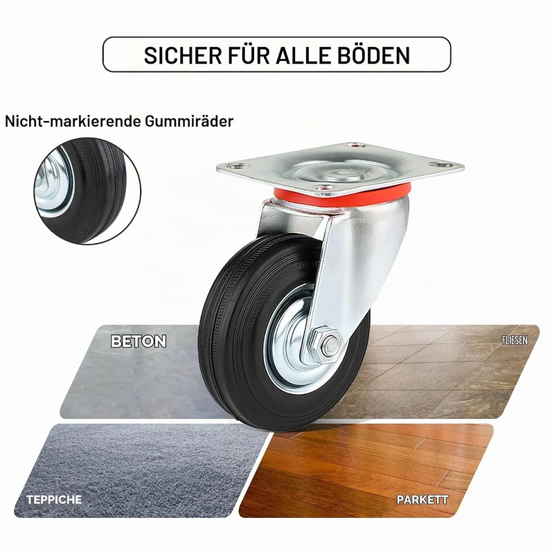 Schwerlastrollen 75mm mit Bremse, 4 Stück Transportrollen Lenkrollen bis 200kg, Gummi Möbelrollen 36
