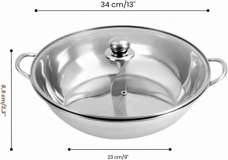 Hot pot Topf Suppe 34cm/28cm Kochgeschirr Rund Kochtopf aus Edelstahl mit Trennwand und sichtbaren D