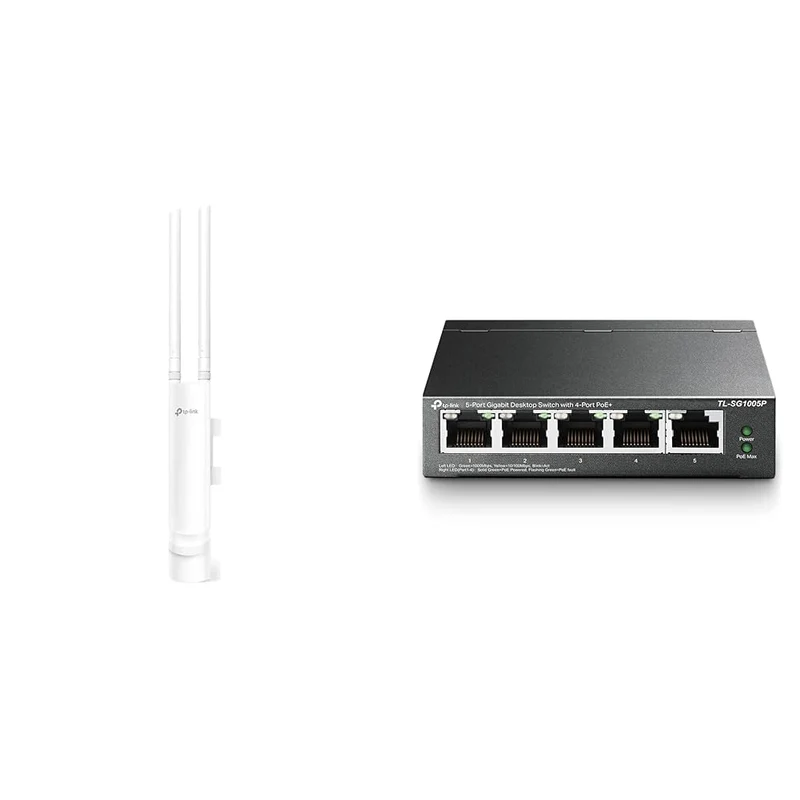 TP-Link EAP225 Outdoor AC1200 Gigabit WLAN Access Point Für Garten mit TL-SG1005P 5-Port Gigabit PoE