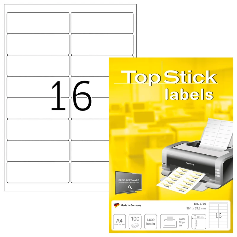 TopStick 8756 Adressetiketten, 1000 Blatt, 99,1 x 33,9 mm, 16 Stück pro A4 Bogen, 16000 Aufkleber, s