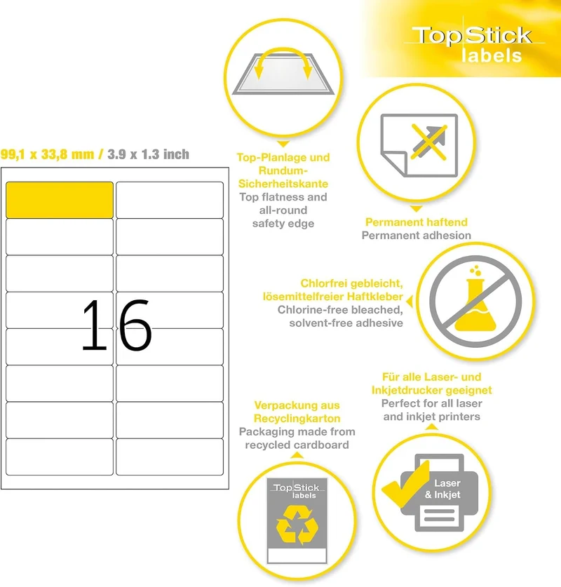 TopStick 8756 Adressetiketten, 1000 Blatt, 99,1 x 33,9 mm, 16 Stück pro A4 Bogen, 16000 Aufkleber, s