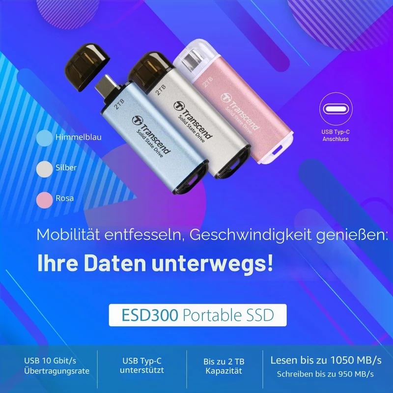 Transcend Portable SSD ESD300C 1TB USB Typ-C 10 Gbit/s PS4/PS5-kompatibel, Blau – TS1TESD300C