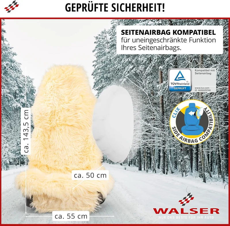 Walser Premium Lammfell Sitzauflage Marla, 100% Lammfell Autositz Sitzauflage mit 5cm Wollhöhe, Sitz