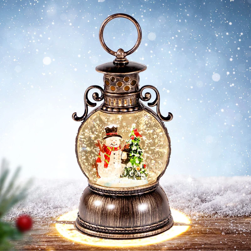 Weihnachts-Schneekugeln, Laterne, Musik, 6H Timer, Zylinder, Glitzer, Schneekugel, Bronze, mit Spiel