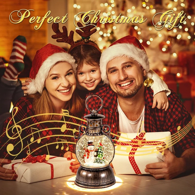 Weihnachts-Schneekugeln, Laterne, Musik, 6H Timer, Zylinder, Glitzer, Schneekugel, Bronze, mit Spiel