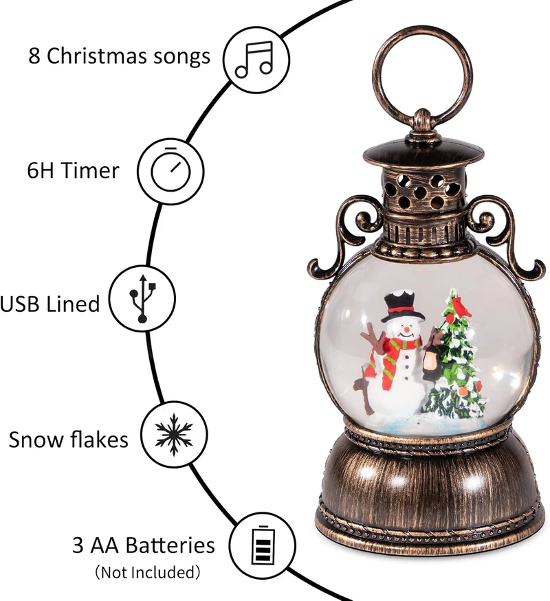 Weihnachts-Schneekugeln, Laterne, Musik, 6H Timer, Zylinder, Glitzer, Schneekugel, Bronze, mit Spiel