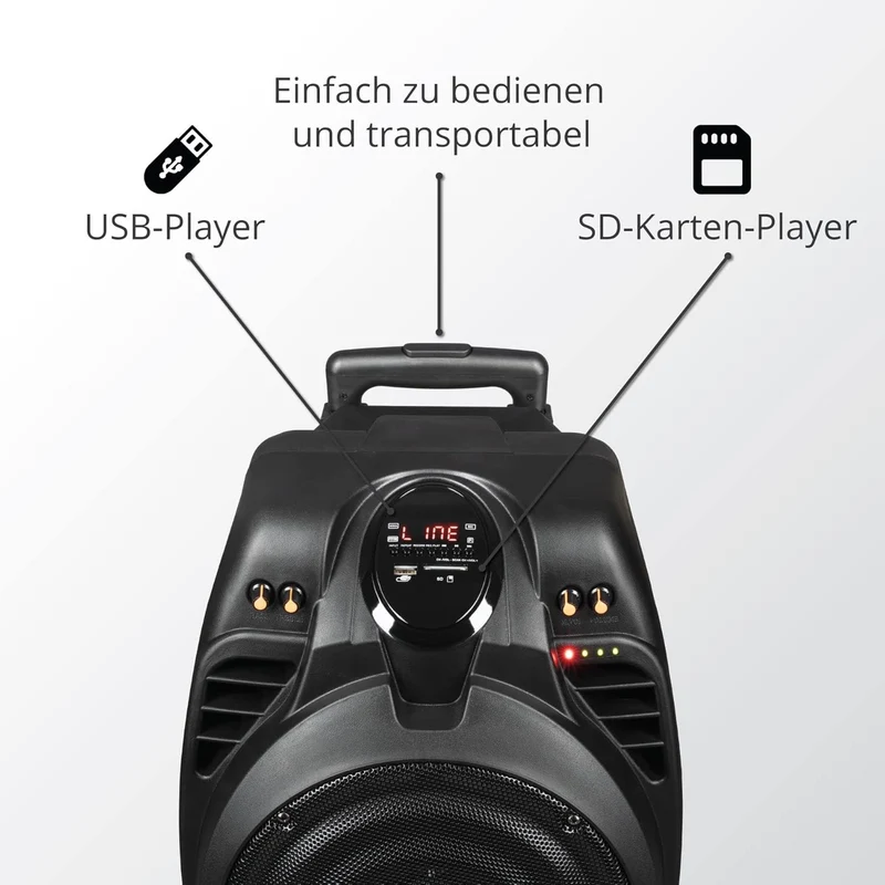 AKAI Party-Lautsprecher 2-Wege mit Karaoke-Mikrofon In/Outdoor Bluetooth AUX USB Akku Mikrofon/Gitar