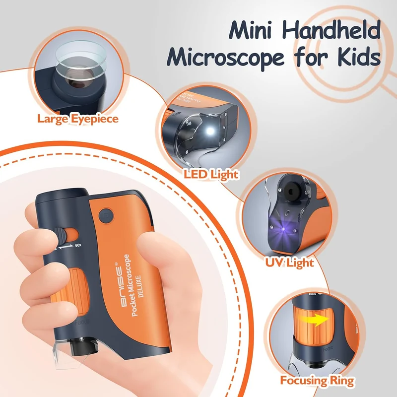 Taschenmikroskop 60-120-facher Zoom mit LED, Handmikroskope für Kinder, Tragbares Mini-Mikroskop mit
