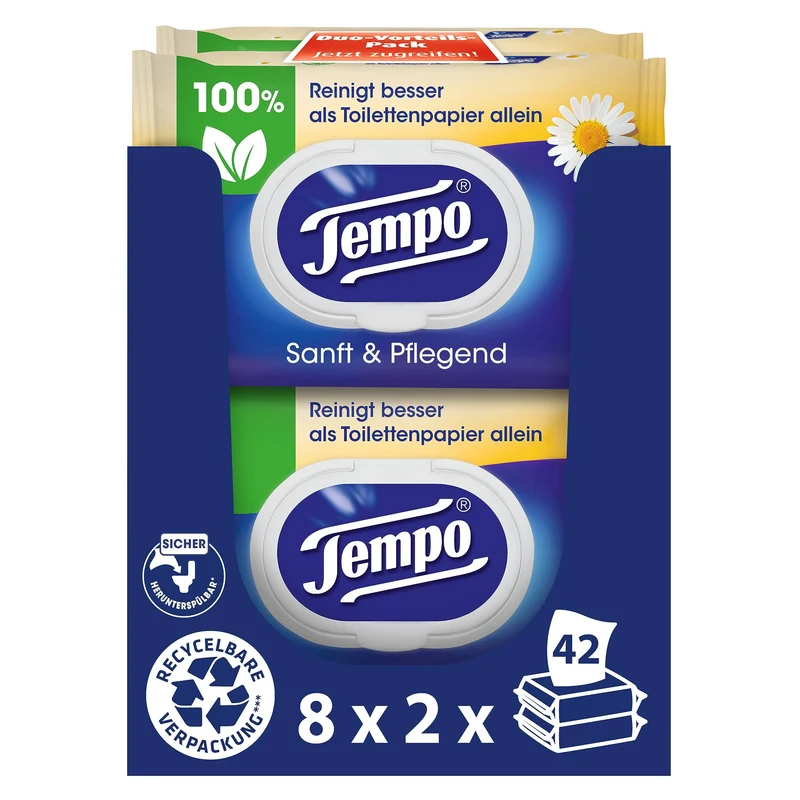 TEMPO Feuchtes Toilettentuch, Sanft&pflegend, 16 Stück, Grosspackung 16 Pack x 42 Tücher Sanft & Sen