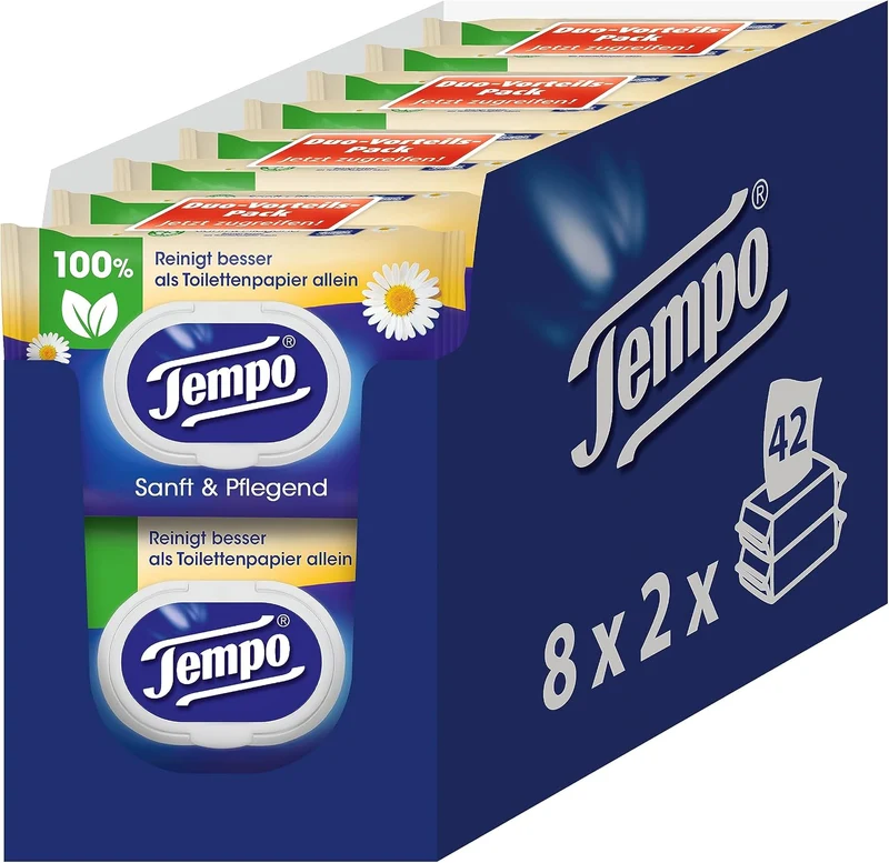 TEMPO Feuchtes Toilettentuch, Sanft&pflegend, 16 Stück, Grosspackung 16 Pack x 42 Tücher Sanft & Sen