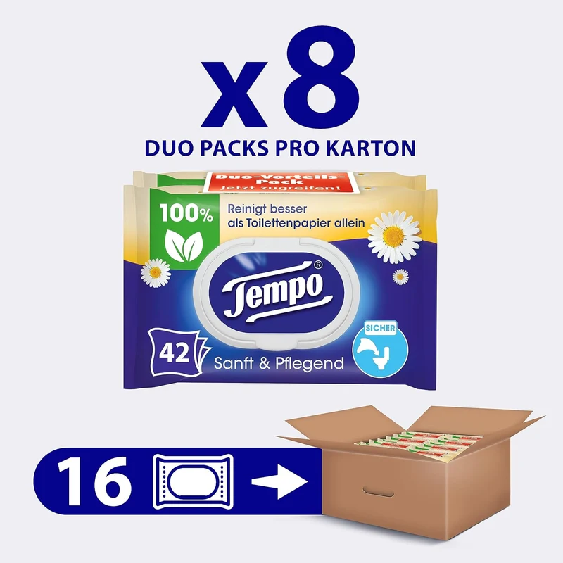 TEMPO Feuchtes Toilettentuch, Sanft&pflegend, 16 Stück, Grosspackung 16 Pack x 42 Tücher Sanft & Sen