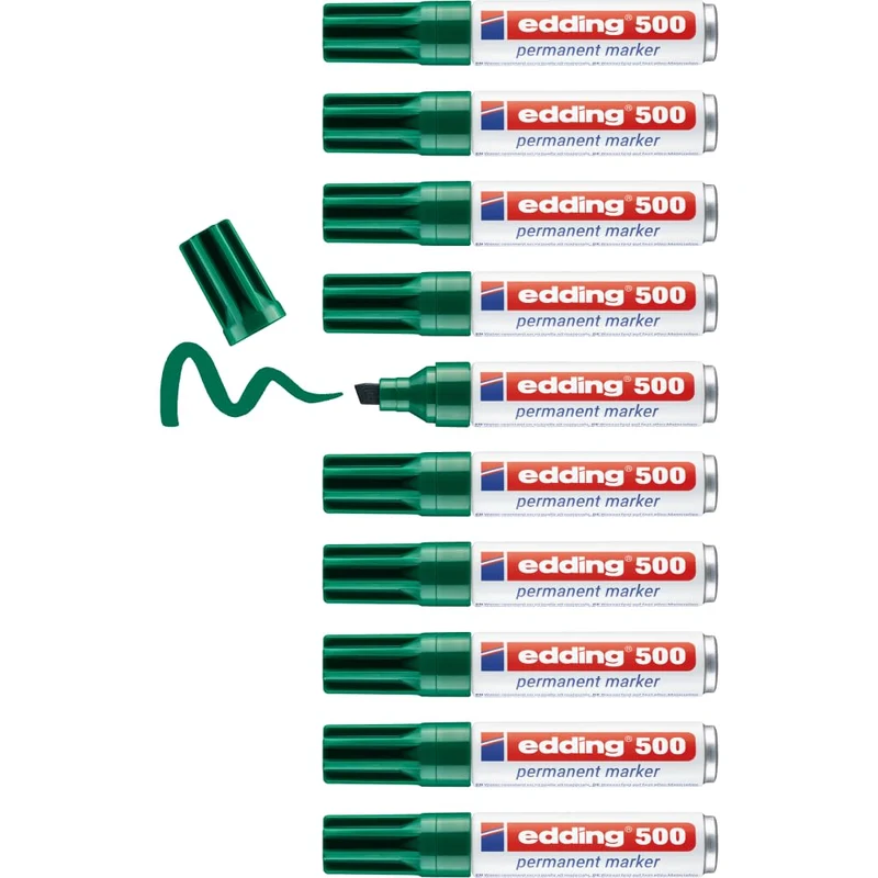 edding 500 Permanentmarker - grün - 10 Stifte - Keil-Spitze 2-7 mm - wasserfest, schnell-trocknend -
