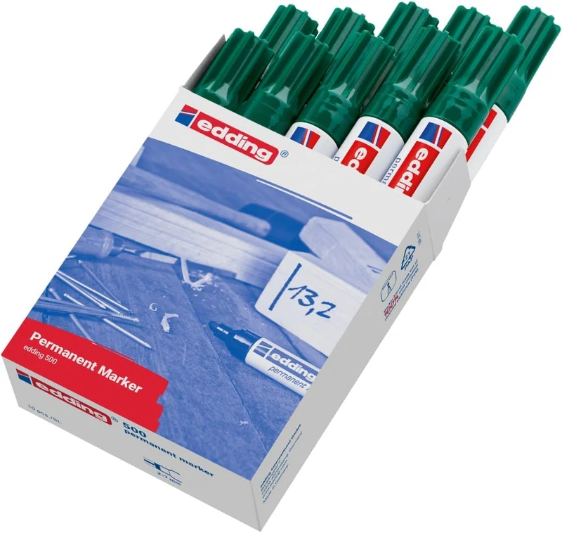 edding 500 Permanentmarker - grün - 10 Stifte - Keil-Spitze 2-7 mm - wasserfest, schnell-trocknend -