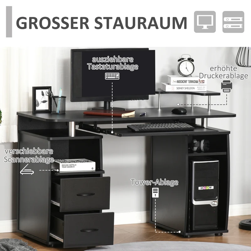 Computertisch Schreibtisch mit reichlich Stauraum, 2 Schubladen.