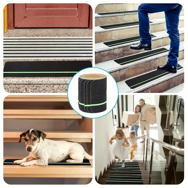 Lebensretter: 10 x Antirutsch-Streifen für Treppen 15x76 cm. 80er Körnung. Schwarz. Inklusive Leuchtstreifen für mehr Sicherheit.