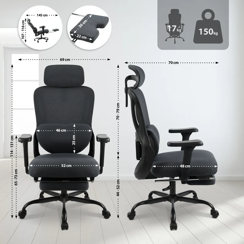 Bürostuhl LEES mit Fußablage, ergonomisch, Stoff, schwarz