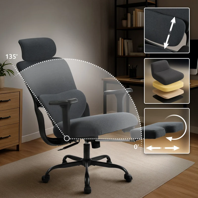 Bürostuhl LEES mit Fußablage, ergonomisch, Stoff, schwarz