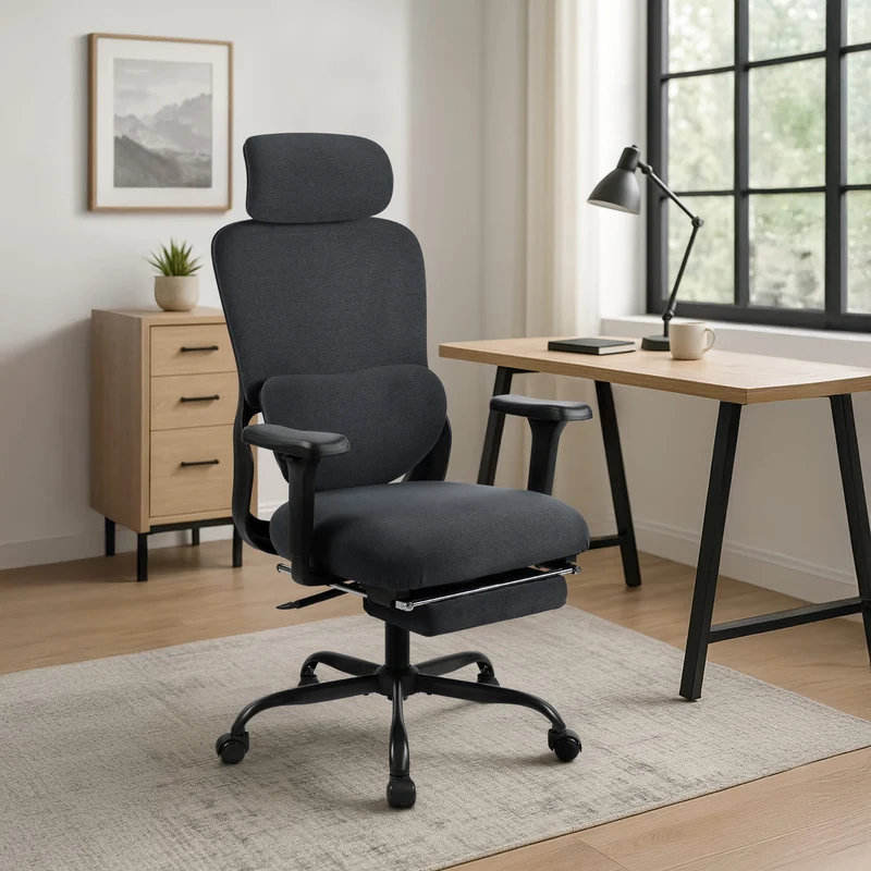 Bürostuhl LEES mit Fußablage, ergonomisch, Stoff, schwarz