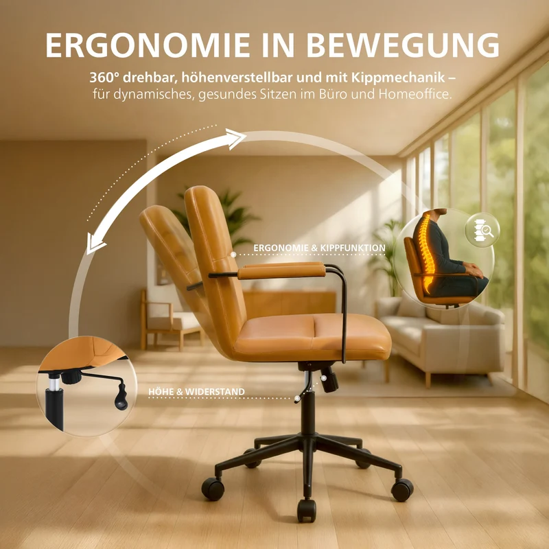 Bürostuhl HILDE, echtes Büffelleder, ergonomisch, belastbar bis 120 kg