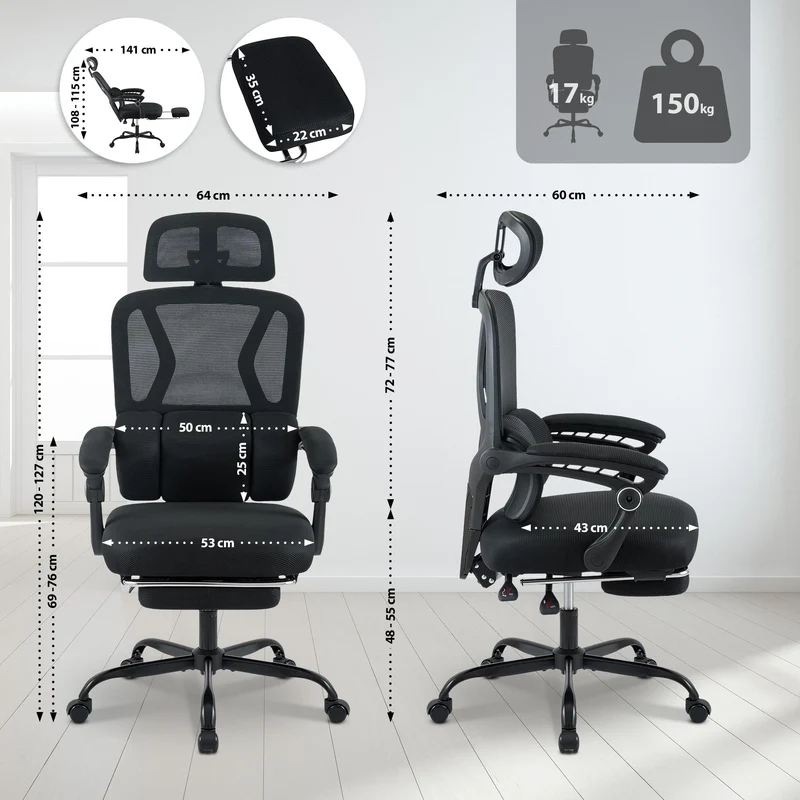Bürostuhl LIBER, ergonomisch, mit Fußablage belastbar bis 150 kg