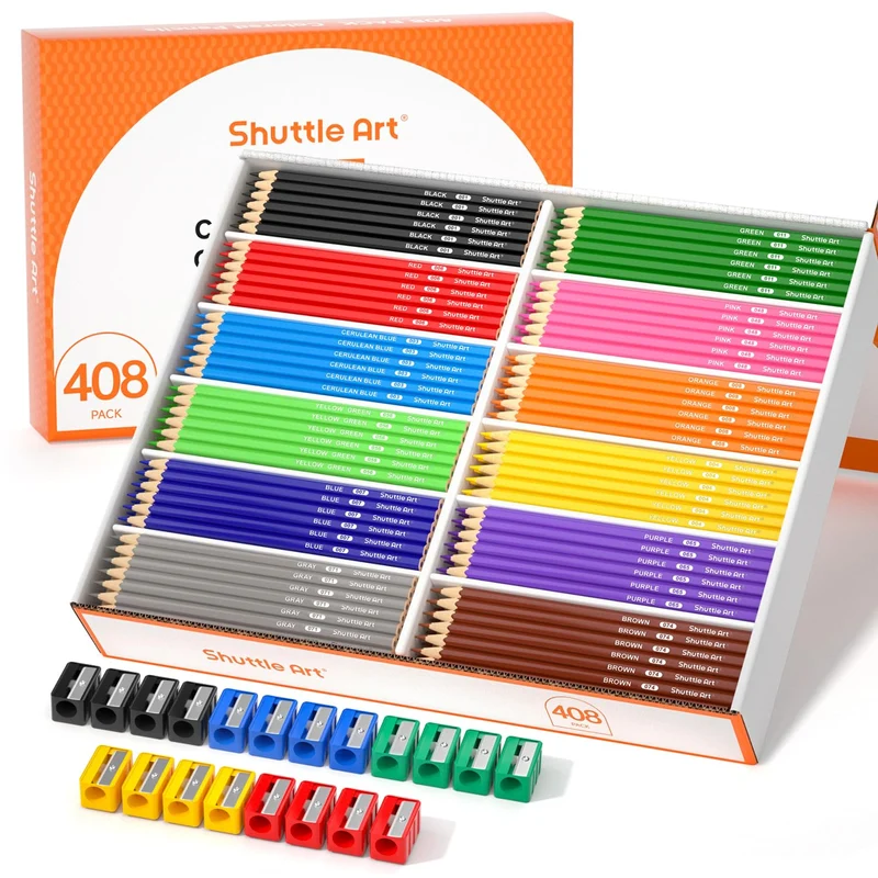 Shuttle Art 408 Pack Buntstifte Schule Set, 12 Farben Malstifte für Kinder plus 20 Anspitzer, Buntst