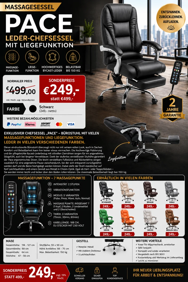 Massagesessel als Leder-Chefsessel PACE mit Liegefunktion.