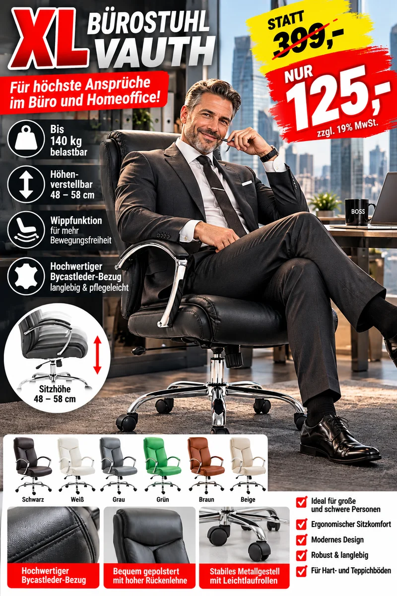 Leder-Chefsessel VAUTH, höhenverstellbar, Wippfunktion, Gasdruckfeder bis 140 kg