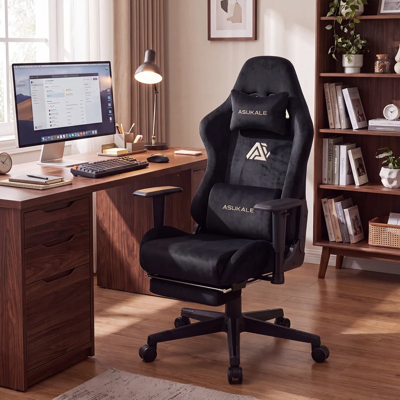 Ergonomischer XXL-Gaming-Stuhl aus schwarzem Samt mit Massagefunktion und Fußstütze