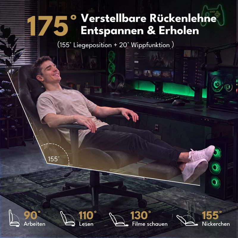 Ergonomischer XXL-Gaming-Stuhl aus schwarzem Samt mit Massagefunktion und Fußstütze
