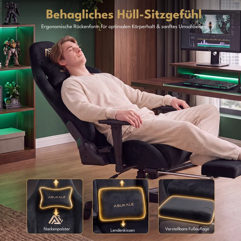Ergonomischer XXL-Gaming-Stuhl aus schwarzem Samt mit Massagefunktion und Fußstütze