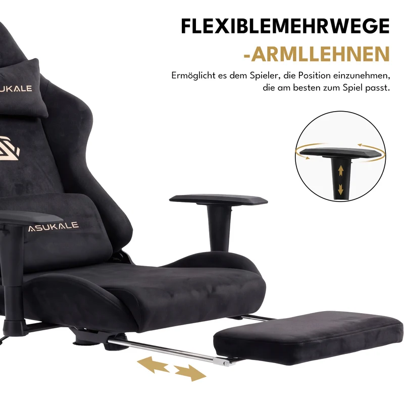 Ergonomischer XXL-Gaming-Stuhl aus schwarzem Samt mit Massagefunktion und Fußstütze