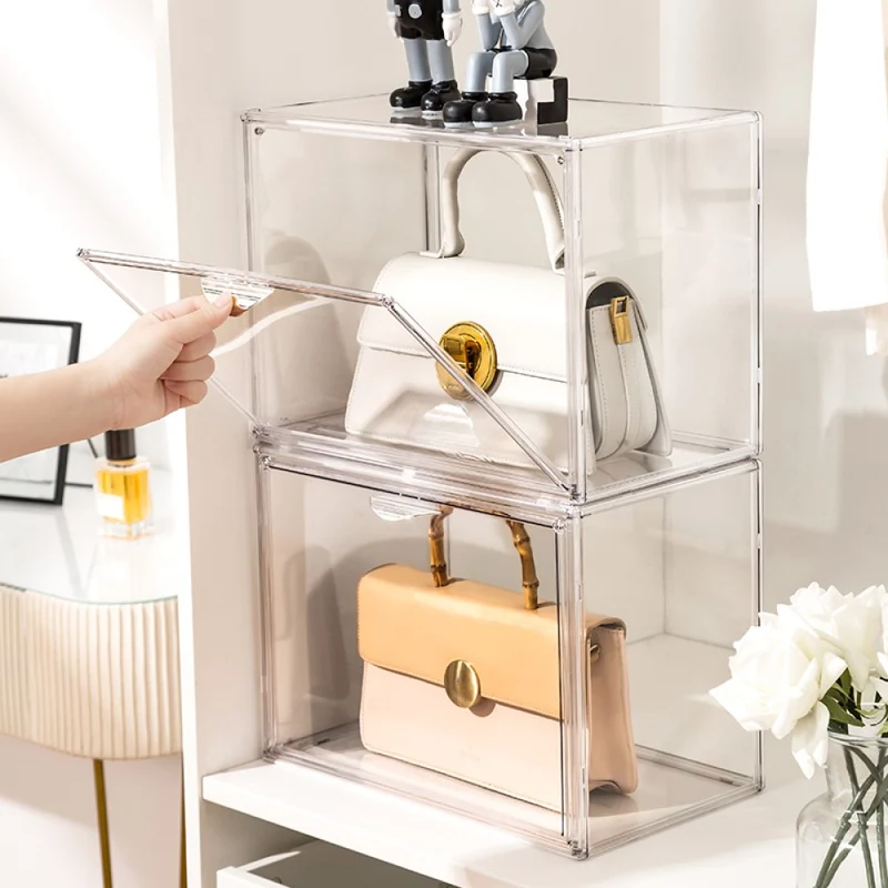 Creliv Vitrine Stapelbar für Garderobe, Transparent Acryl Schaukasten mit Tür (1-St., 36x27x22cm) für Tasche, Schuhe, Figuren, Modelle