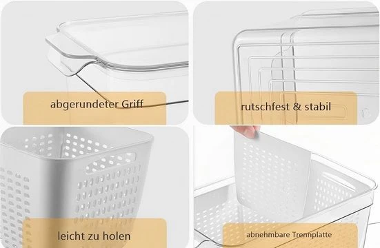 CRELIV Korbeinsatz Kühlschrank Organizer mit Deckel für Küche Aufbewahrung, 4er-Set, schön Geschenkbox verpackt, BPA Frei