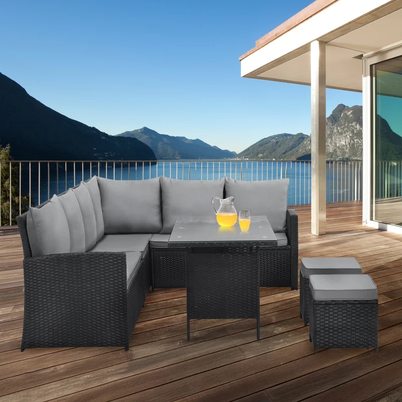 MONROE Garten-Lounge Set Outdoor Rattanlounge Essgruppe Polyrattan Lounge-Möbel Sitzgruppe Schwarz/Grau/Braun