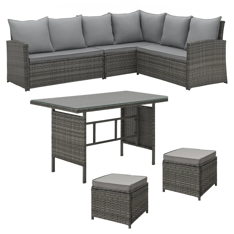 MONROE Garten-Lounge Set Outdoor Rattanlounge Essgruppe Polyrattan Lounge-Möbel Sitzgruppe Schwarz/Grau/Braun