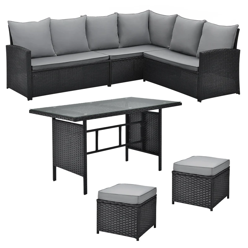 MONROE Garten-Lounge Set Outdoor Rattanlounge Essgruppe Polyrattan Lounge-Möbel Sitzgruppe Schwarz/Grau/Braun