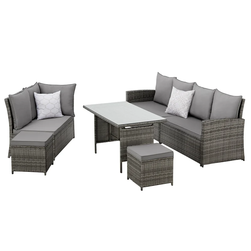 MONROE Garten-Lounge Set Abdeckhaube Outdoor Rattanlounge Essgruppe Polyrattan Lounge-Möbel Sitzgruppe Grau