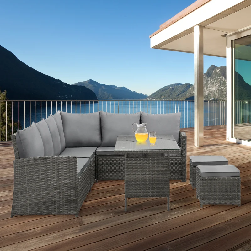 MONROE Garten-Lounge Set Abdeckhaube Outdoor Rattanlounge Essgruppe Polyrattan Lounge-Möbel Sitzgruppe Grau