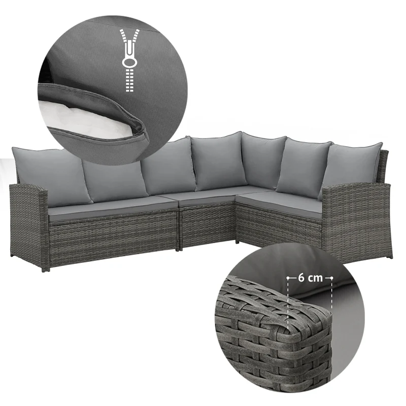 MONROE Garten-Lounge Set Abdeckhaube Outdoor Rattanlounge Essgruppe Polyrattan Lounge-Möbel Sitzgruppe Grau