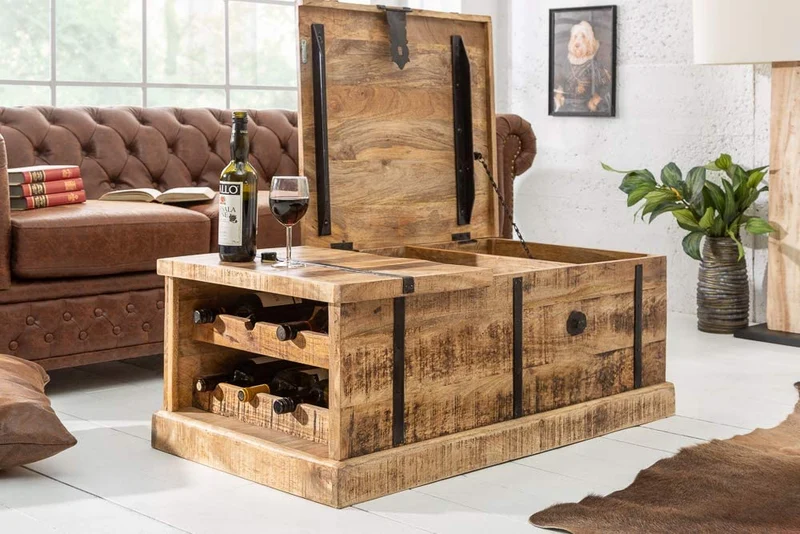 Massivholz Couchtisch Bodega 100 cm Mangoholz Hausbar Truhe Tisch Wohnzimmertisch