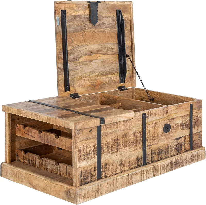 Massivholz Couchtisch Bodega 100 cm Mangoholz Hausbar Truhe Tisch Wohnzimmertisch