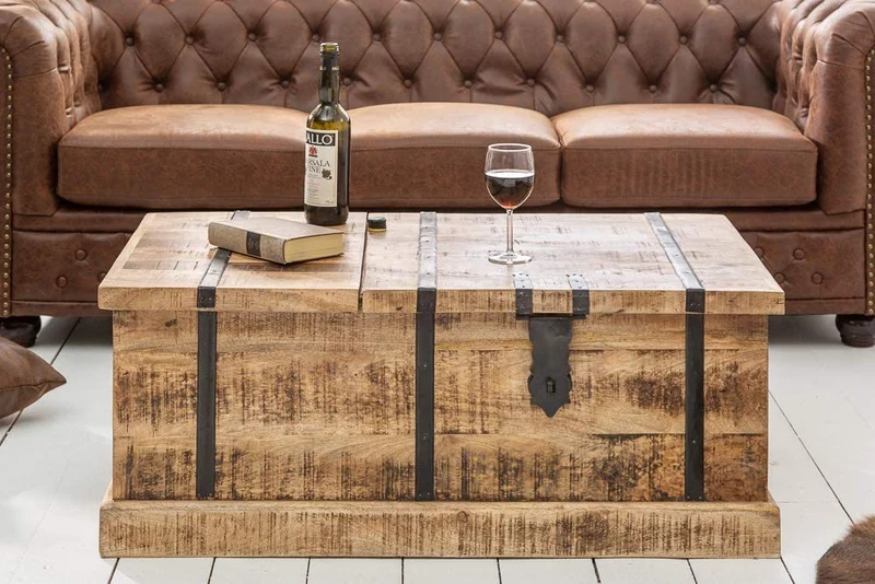 Massivholz Couchtisch Bodega 100 cm Mangoholz Hausbar Truhe Tisch Wohnzimmertisch