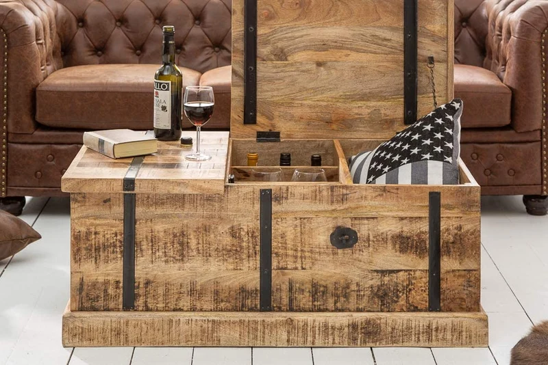 Massivholz Couchtisch Bodega 100 cm Mangoholz Hausbar Truhe Tisch Wohnzimmertisch