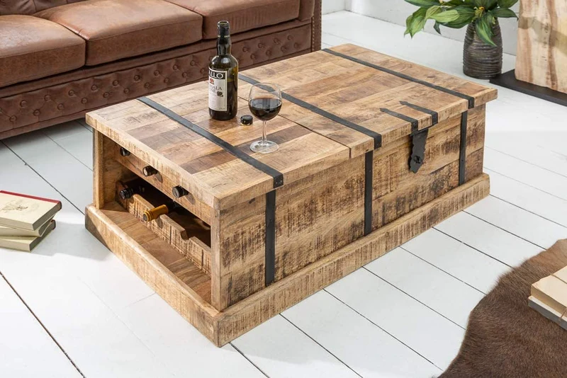 Massivholz Couchtisch Bodega 100 cm Mangoholz Hausbar Truhe Tisch Wohnzimmertisch