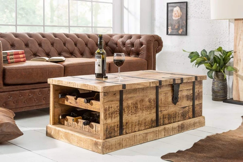 Massivholz Couchtisch Bodega 100 cm Mangoholz Hausbar Truhe Tisch Wohnzimmertisch