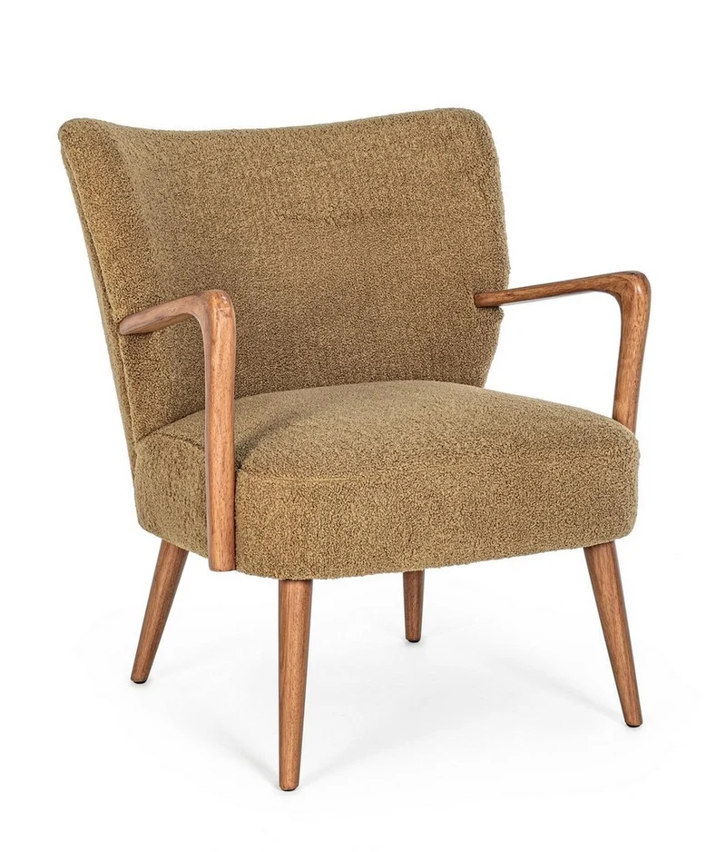 Sessel Moritz Palm | Olivbraun, Woll-Optik, Armlehnen aus Holz
